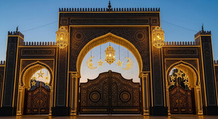 Obraz premium A large ornate building with a beautiful archway and gates at dusk
