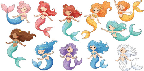 Cute Mermaid Cartoon Set with Colorful Hair and Tails Fantasy Underwater Princess Characters Collection for Kids Illustration Vector Bundle