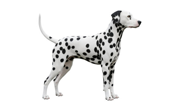 Isolated Dalmatian dog standing, attentive posture, black and white spotted coat pattern