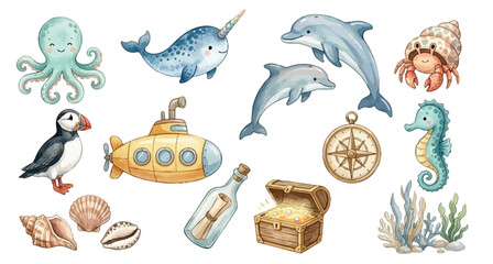 Adorable Watercolor ocean clipart set. Ocean adventure clipart set with cute sea animals and pirate elements. Collection of Vector illustrations. Perfect for invitation, card, poster, banner, decor © maria