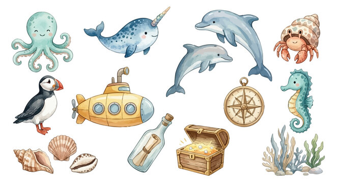 Adorable Watercolor ocean clipart set. Ocean adventure clipart set with cute sea animals and pirate elements. Collection of Vector illustrations. Perfect for invitation, card, poster, banner, decor