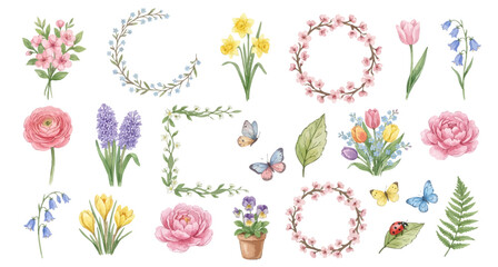 Big Watercolor colorful floral clipart set. Pastel watercolor botanical collection with tulips peonies blossom wreath frames. Collection of Vector illustrations. Perfect for invitation, card, poster © maria