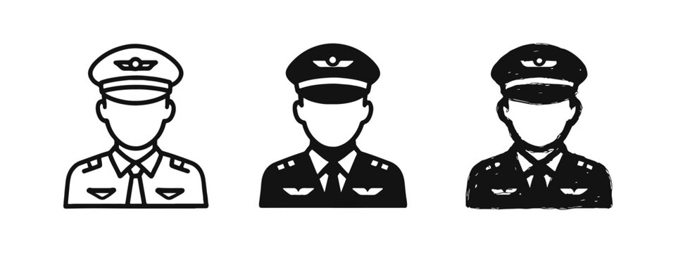 Professional airplane pilot icon set. Aviation, flight captain, and airline staff symbol.