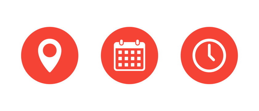 Location, calendar, and clock icon in red circle. Map pin, date, and time symbol. Event schedule sign