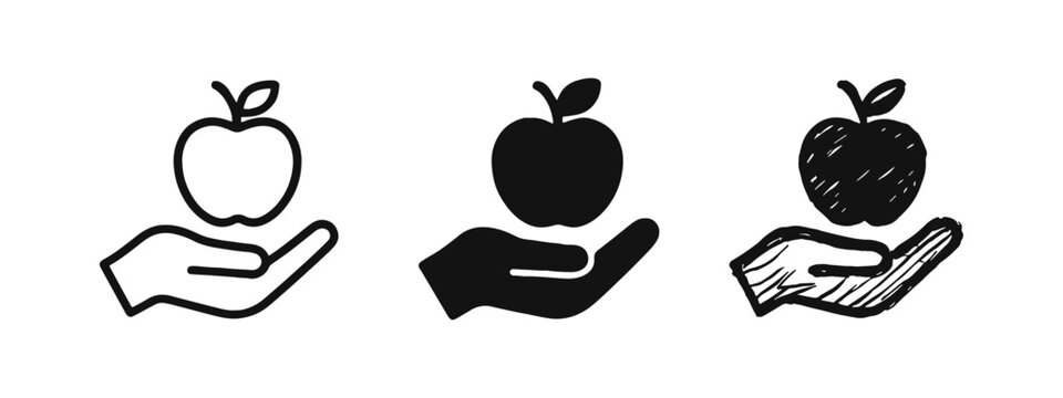 Hand holding apple icon set. Symbol for healthy food, nutrition, education, and wellbeing in various styles.