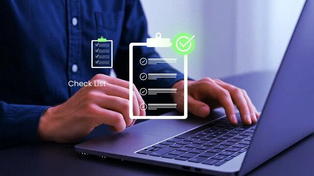 Business professional completing checklist and digital survey form for task management and productivity tracking. Concept of performance evaluation, workflow management, and operational efficiency