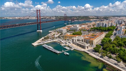 Obraz premium Elevated view captures a wide suspension structure spanning a large body of water near a coastal metropolitan area.