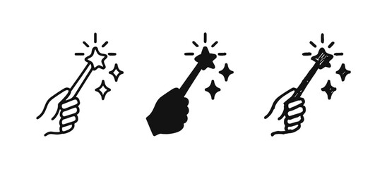 Hand holding magic wand with sparkling stars icon set, representing magic, wishes, or transformation. © ICONS FOR YOU