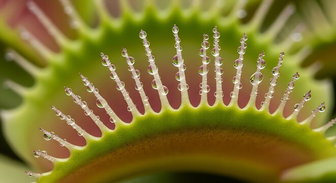 Textured macro of Venus flytrap trigger hairs and dew, carnivorous plant detail with sticky glistening trap