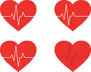 Red Heart with ECG Pulse Icon Set Featuring Cardiogram Line and Heartbeat Monitor Symbols in Flat Vector Style