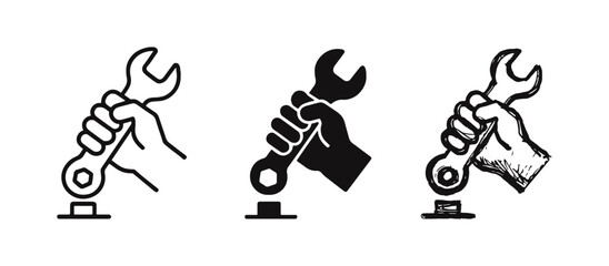 Obraz premium Hand holding wrench icon set for repair and maintenance, in outline, solid, and doodle styles