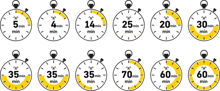 Stopwatch Timer Icon Set Featuring 5 to 70 Minutes Countdown Clocks with Yellow Progress Segments in Outline Vector Style