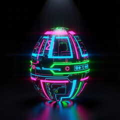 Futuristic egg with pulsating neon lights, symbol of technology and innovation, vivid 3D visualization for creative projects and science fiction