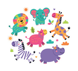Naklejka premium Cute cartoon safari animals including a lion, elephant, giraffe, zebra, and two hippos, all smiling with playful energy