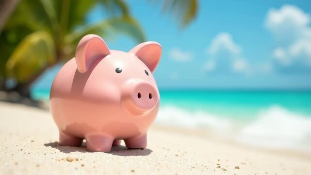 Pink piggy bank on sandy beach with turquoise ocean view, vacation savings metaphor, financial planning concept