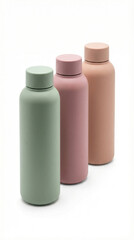Vertical studio shot of three pastel reusable water bottles. Eco friendly sustainable hydration concept isolated