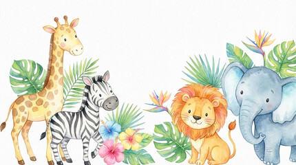 Fototapeta premium Watercolor drawing of giraffe, zebra, lion and elephant with tropical plants, creating a cheerful and wildlife appearance, representative of fauna and flora