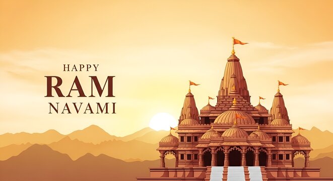 Happy Ram Navami Festival Celebration &ndash; Traditional Hindu Temple at Sunset with Calligraphy Text &ndash; Indian Mythology, Spirituality, Religion, Festive Greetings, Cultural Heritage, Divine Worship See Le