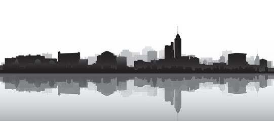 Fototapeta premium Black and white panoramic poster of the city skyline with misty background buildings and water reflection of HONG KONG, CHINA