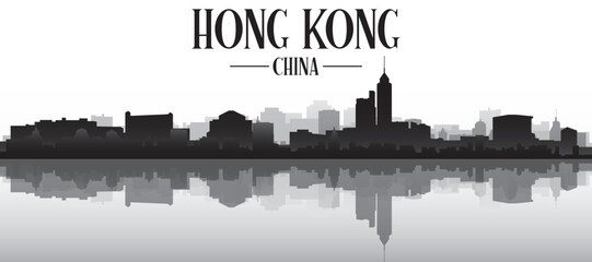 Fototapeta premium Black and white panoramic poster of the city skyline with misty background buildings and water reflection of HONG KONG, CHINA