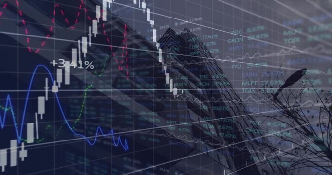 Animation of financial data and graphs over city buildings
