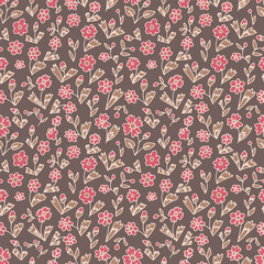 Ditsy floral seamless pattern on brown background. Hand drawn vintage backdrop with tiny pink flowers. Cottagecore texture
