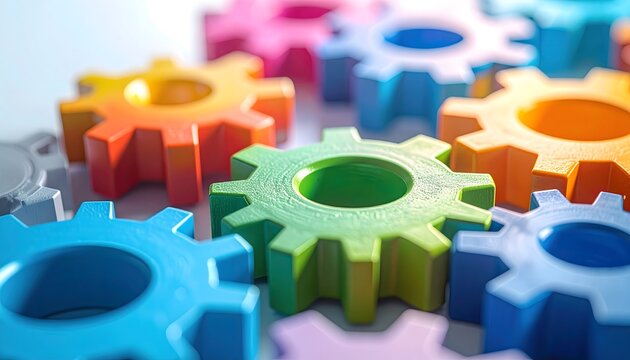 A close-up, macro shot showcases a colorful collection of interlocking wooden gears, arranged in a grid pattern, conveying a sense of teamwork and interconnectedness with a bright, playful