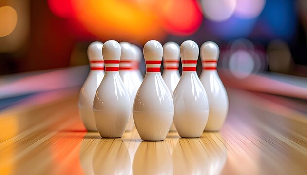 A close-up, low-angle shot captures a cluster of white bowling pins with red stripes standing on a polished wooden lane, illuminated by colorful bokeh lights