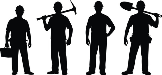 Construction worker silhouettes with tools hammer shovel and toolbox isolated on white background labor profession vector illustration set © Itz Rakib