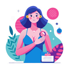 Fototapeta premium Illustration of a caucasian woman groping her breasts doing self-examination against breast cancer, prevention and diagnosis for life. Ideal for institutional and educational materials 