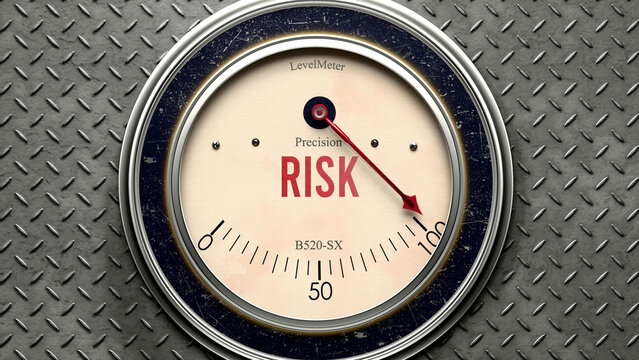Risk that is hitting a full scale, showing a very high level of risk, overload of it, too much of it. Maximum value, off the charts.  ,3d illustration