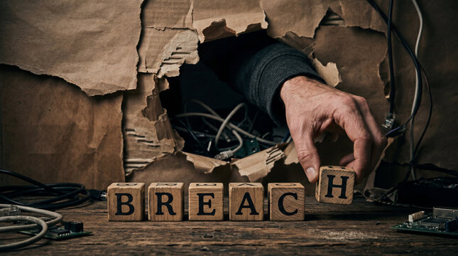 Cyber Breach Concept with Hacker Hand and Wooden Blocks