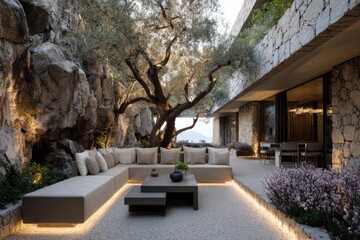 Fototapeta premium The outdoor seating area boasts a stunning stone backdrop adorned with lush trees, all beautifully illuminated by soft lighting in a contemporary design
