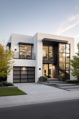 Fototapeta premium This contemporary house features expansive windows and an elegant entrance, beautifully positioned in a suburban neighborhood during the late afternoon hours