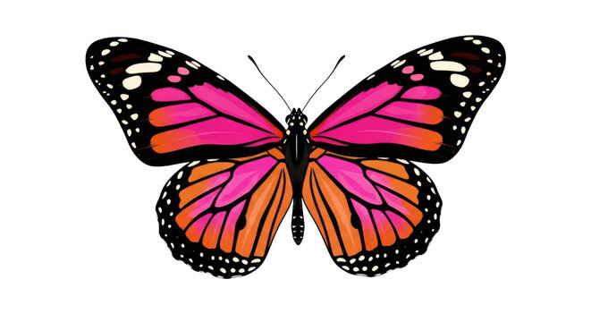 A vibrant butterfly with striking orange, black, and pink patterns gracefully spreads its wings.