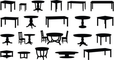 Large set of furniture silhouettes featuring various dining tables coffee tables pedestal stands and interior desk silhouettes for home decor © MdMucha