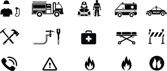 Emergency service and rescue icon set featuring firefighter, ambulance, police car, medical aid, warning and safety symbols © Itz Rakib
