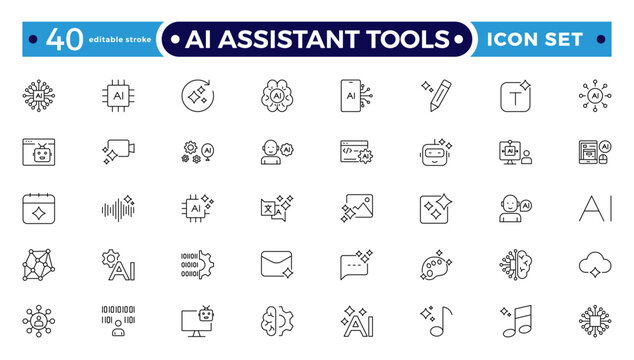 AI Assistant Tools outline icon. Tools arm robotic virtual fitting icon hem futuristic tailoring sensor vector ironing. Editable stroke outline icon.
