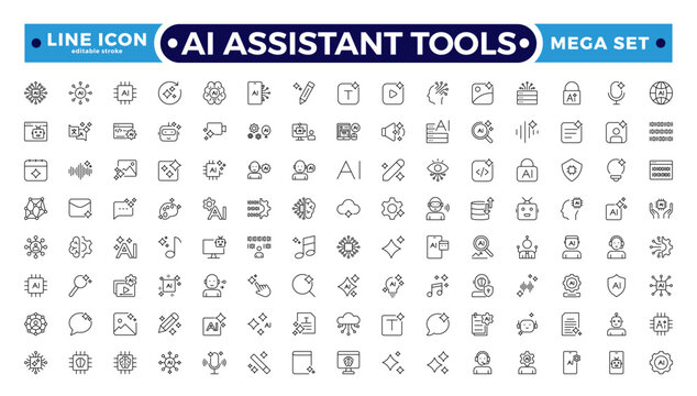 AI Assistant Tools outline icon. Tools arm robotic virtual fitting icon hem futuristic tailoring sensor vector ironing. Editable stroke outline icon.
