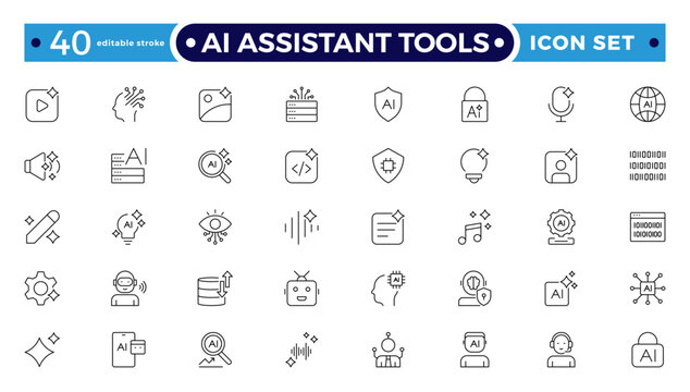 AI Assistant Tools outline icon. Tools arm robotic virtual fitting icon hem futuristic tailoring sensor vector ironing. Editable stroke outline icon.
