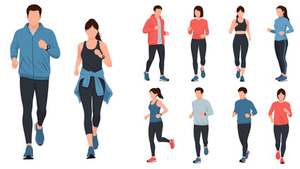 Obraz premium A group of diverse men and women running and jogging in athletic wear, isolated on a white background.