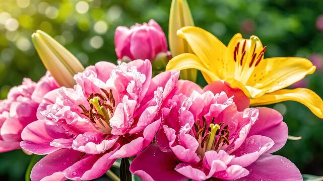 Pink peonies and yellow lily flowers.