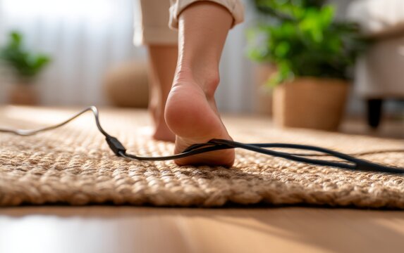 Foot Snagging Cable on Rug in Close Partial View