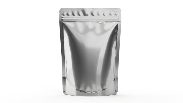 Shiny silver pouch with a resealable zipper standing upright
