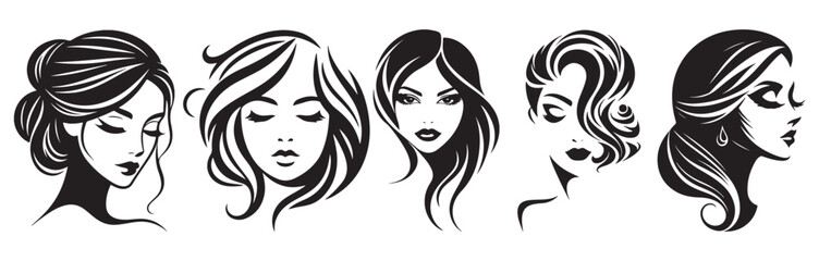 Five diverse women hairstyles side profile portrait vector illustration flat design © Md