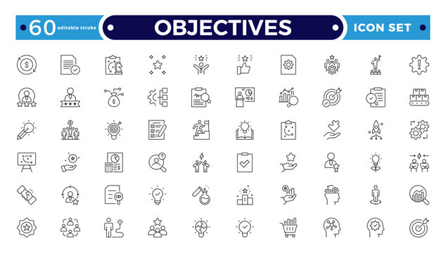 Objectives outline icon. Business core values, mission and vision line icon set. Corporate strategy, integrity, company culture, ethics, quality and success outline icon. Editable stroke outline icon.