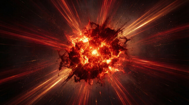Big bang theory red cosmic explosion with bright light rays