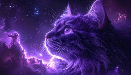 Vibrant purple cat gazes through space with glowing eyes in surreal cosmic scene