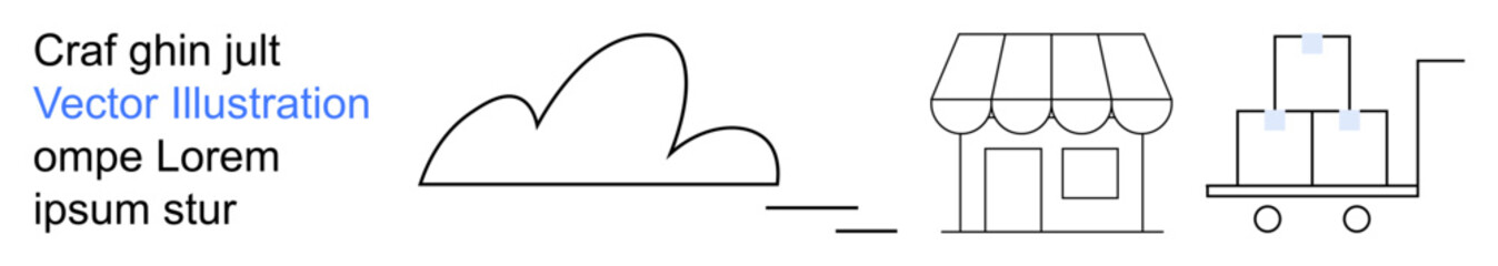 E-commerce, logistics, cloud storage, shipping, small business, retail. Minimalist design a cloud, a storefront and a cart with boxes. E-commerce and logistics visuals © robu_s