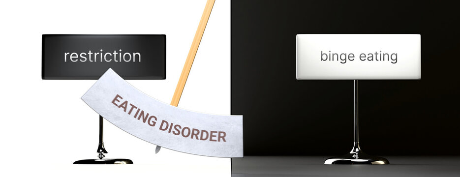 Eating disorder swings between restriction and binge eating. Visualizing a pattern of Eating disorder that cycles between extremities: restriction and binge eating. ,3d illustration